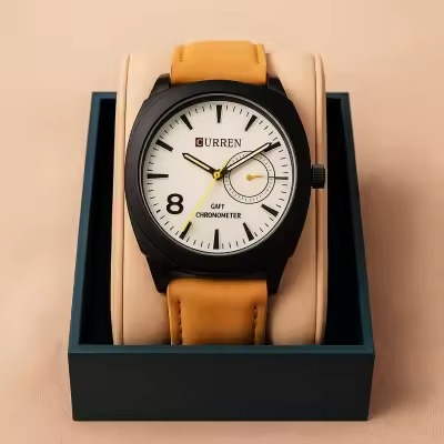 Men’s Leather Analog Wristwatch with Brown Strap & Black Dial – Elegant Design